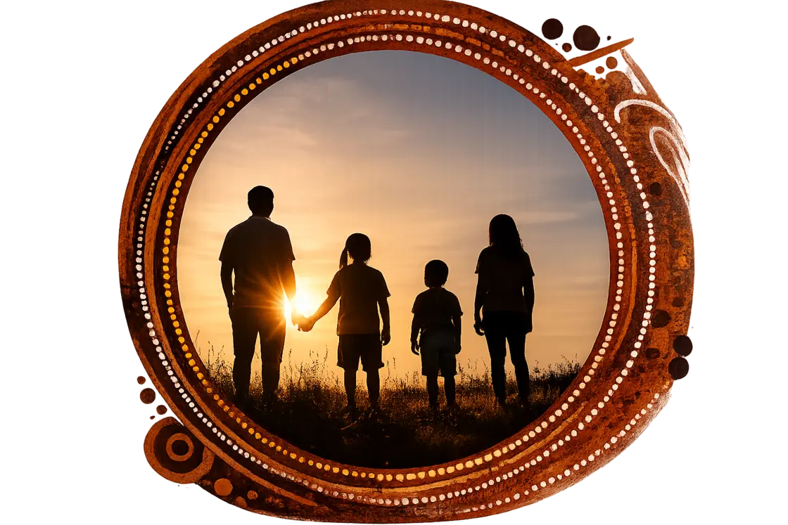 Silhouettes of a family standing together at sunset within a decorative medallion